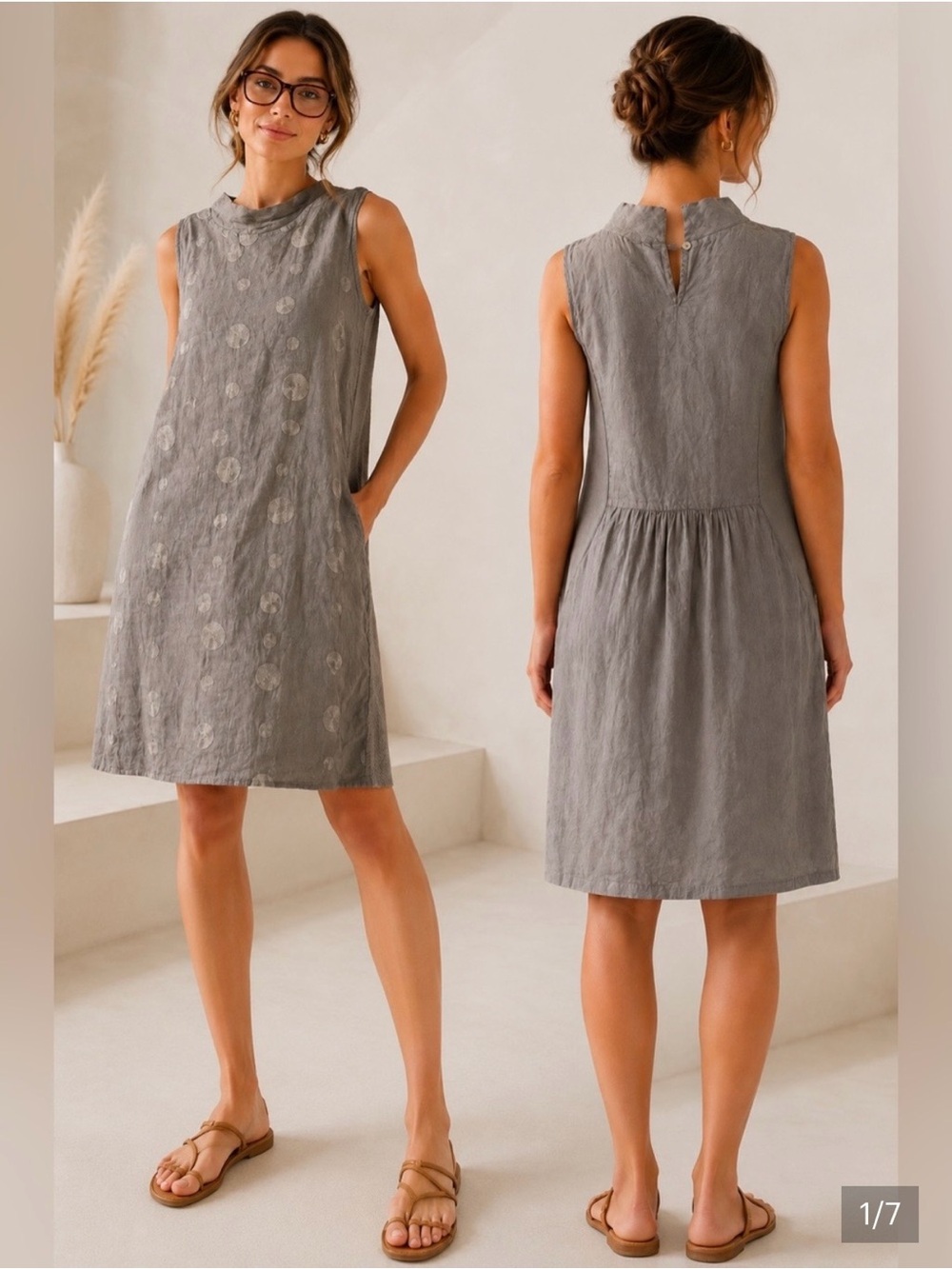 Lina Tomei Linen Sleeveless Midi Dress L Grey Summer Euro Pockets Comfy Chic